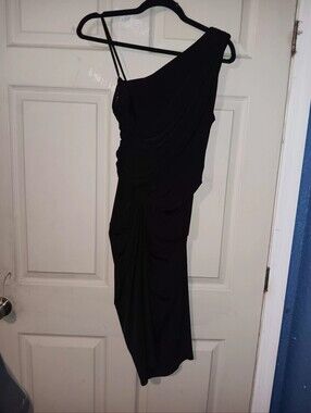Maggie London Chic Black One Shoulder Dress Wmns Sz 10 Rooshing Stretch